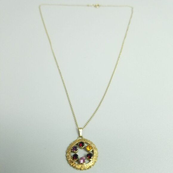 Vintage Anson Red Purple Pink Rhinestone Round Circle Pendant Necklace, 18 Inch - Picture 3 of 7